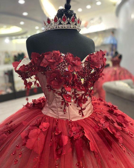 Schimmerndes schulterfreies Kleid mit 3D-Blumen und Schleppe für die Quinceañera, Ballkleid Y1448