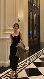 Robe de soirée noire vintage sans manches, tenue de Nouvel An Y1359