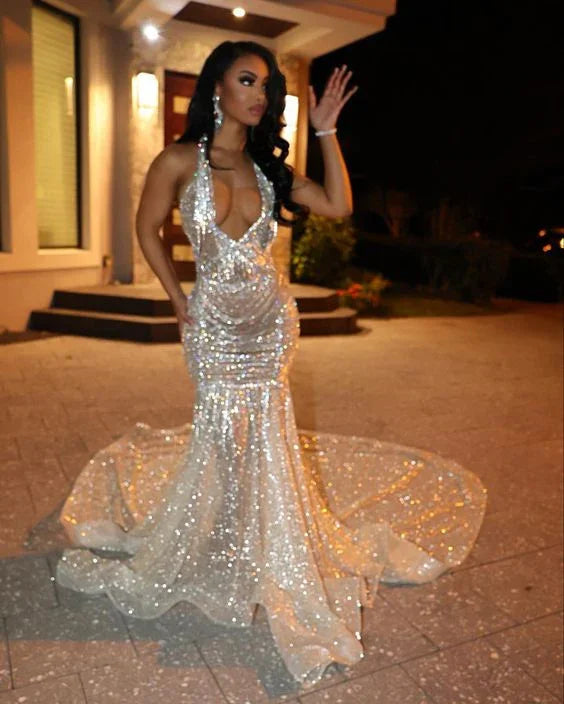 Vestido de Noite com Decote em V e Cauda de Sereia Brilhante Deslumbrante Vestido de Noite Sereia Y1373