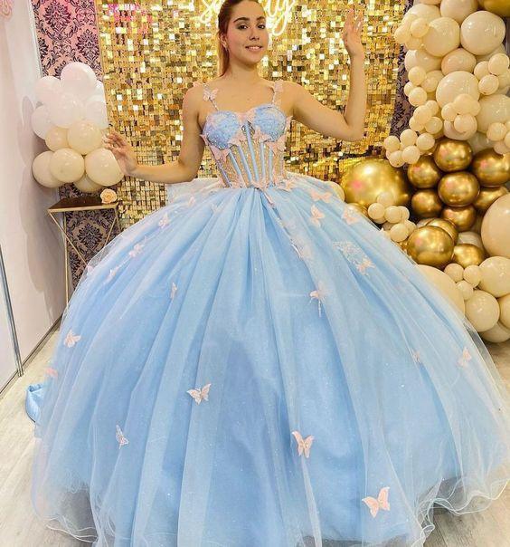 Feenkleid, blaues ärmelloses Ballkleid mit rosa Schmetterlingen Y1387