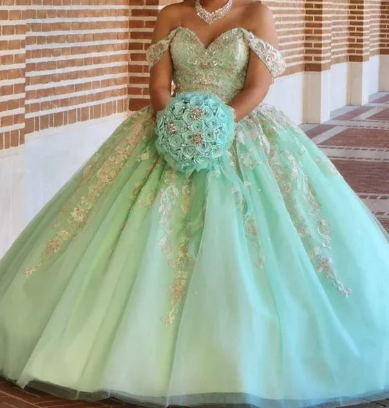 Atemberaubendes schulterfreies Ballkleid aus Tüll mit Blumenmuster, Kleid für den sechzehnten Geburtstag Y1235