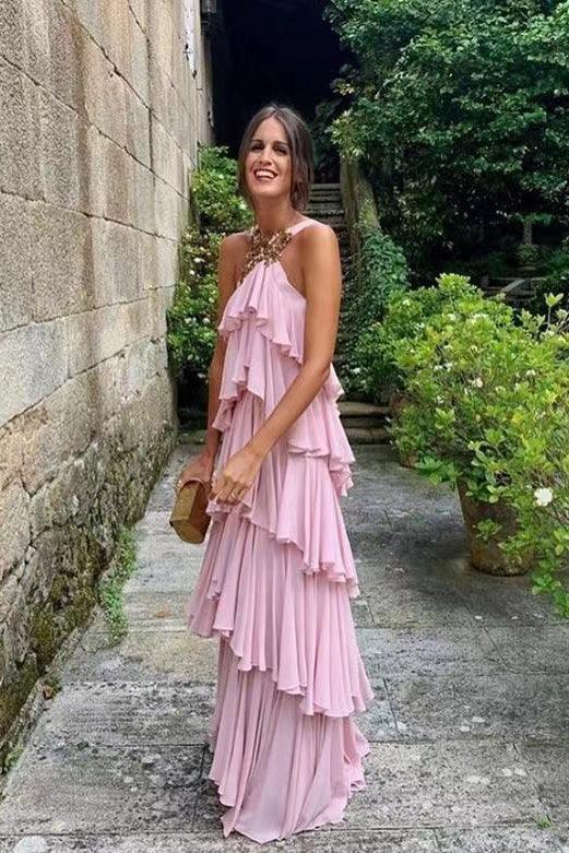 Vestido de fiesta elegante de gasa con cuello halter, con capas y espalda descubierta, vestido de noche Y1232