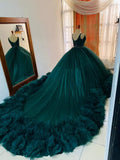 Deslumbrante Vestido de Baile com Costas em Renda e Cordões de Tule, Vestido de Princesa Verde-azulado com Folhos Y1233