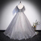 Graues Tüllkleid mit Pailletten, lang, Ballkleid in A-Linie, Abendkleid s65