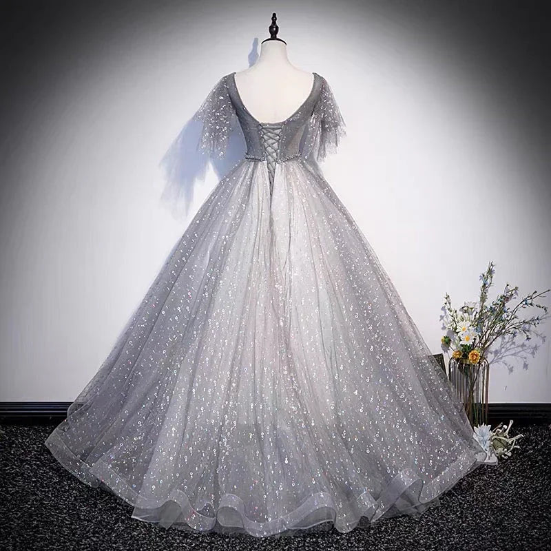 Graues Tüllkleid mit Pailletten, lang, Ballkleid in A-Linie, Abendkleid s65