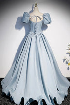 Blue satin pearl long prom dress blue evening dress s52