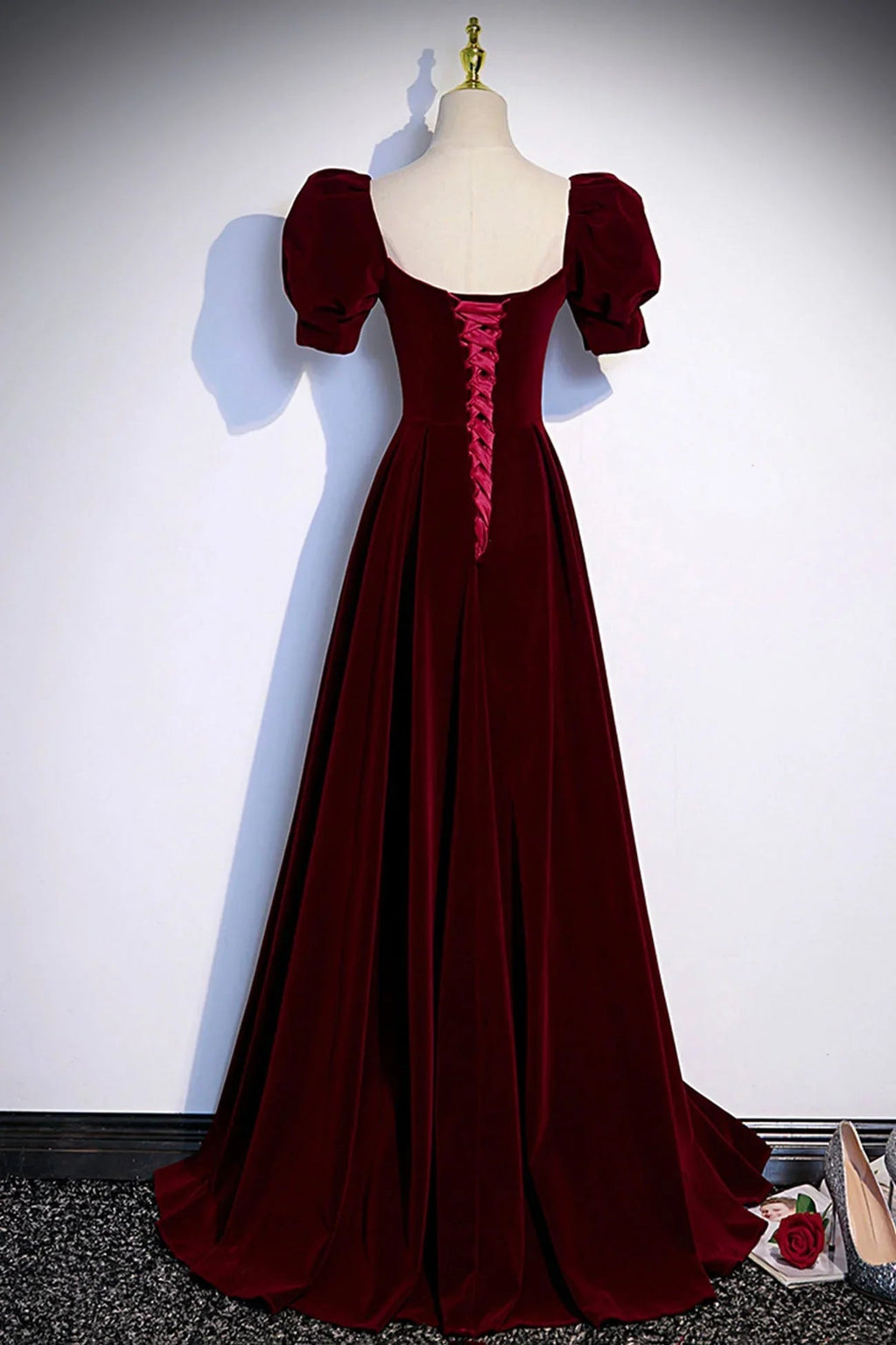 Burgundy velvet long prom dress evening dress s88