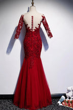 Burgundy lace long prom dress mermaid evening dress s110