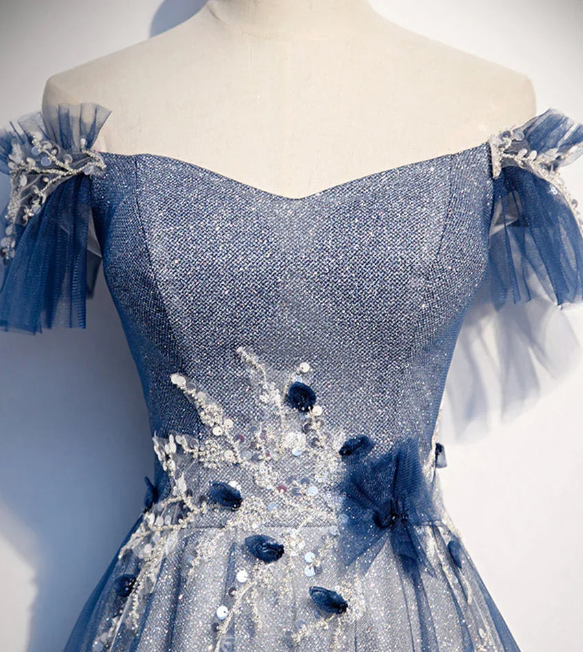 Vestido largo de fiesta azul con lentejuelas brillantes de tul vestido de noche s102