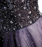Robe longue de bal violette en tulle à col en V avec perles robe de soirée s104
