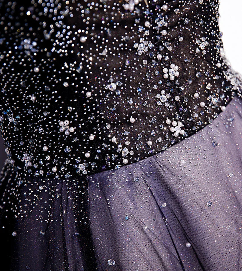 Robe longue de bal violette en tulle à col en V avec perles robe de soirée s104