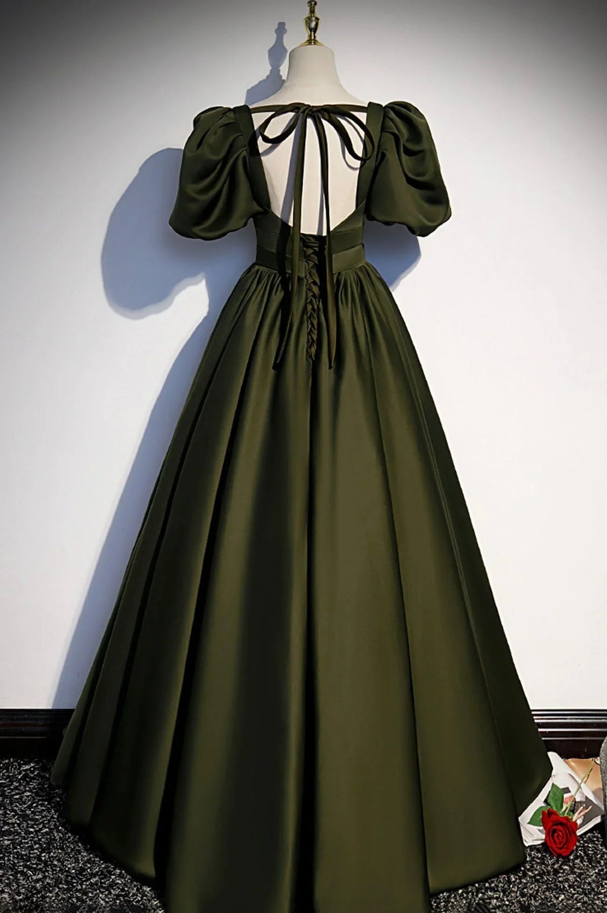 Robe de bal longue en satin vert Robe de soirée ligne A s87