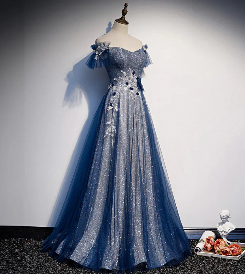 Vestido largo de fiesta azul con lentejuelas brillantes de tul vestido de noche s102