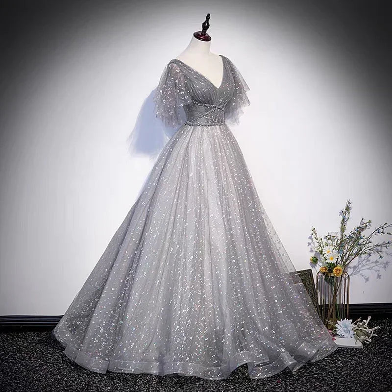 Graues Tüllkleid mit Pailletten, lang, Ballkleid in A-Linie, Abendkleid s65