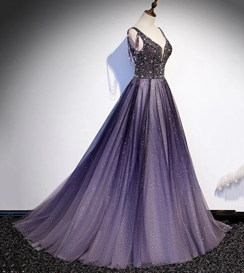 Robe longue de bal violette en tulle à col en V avec perles robe de soirée s104