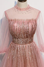 Pink tulle sequins long prom dress pink evening dress s109