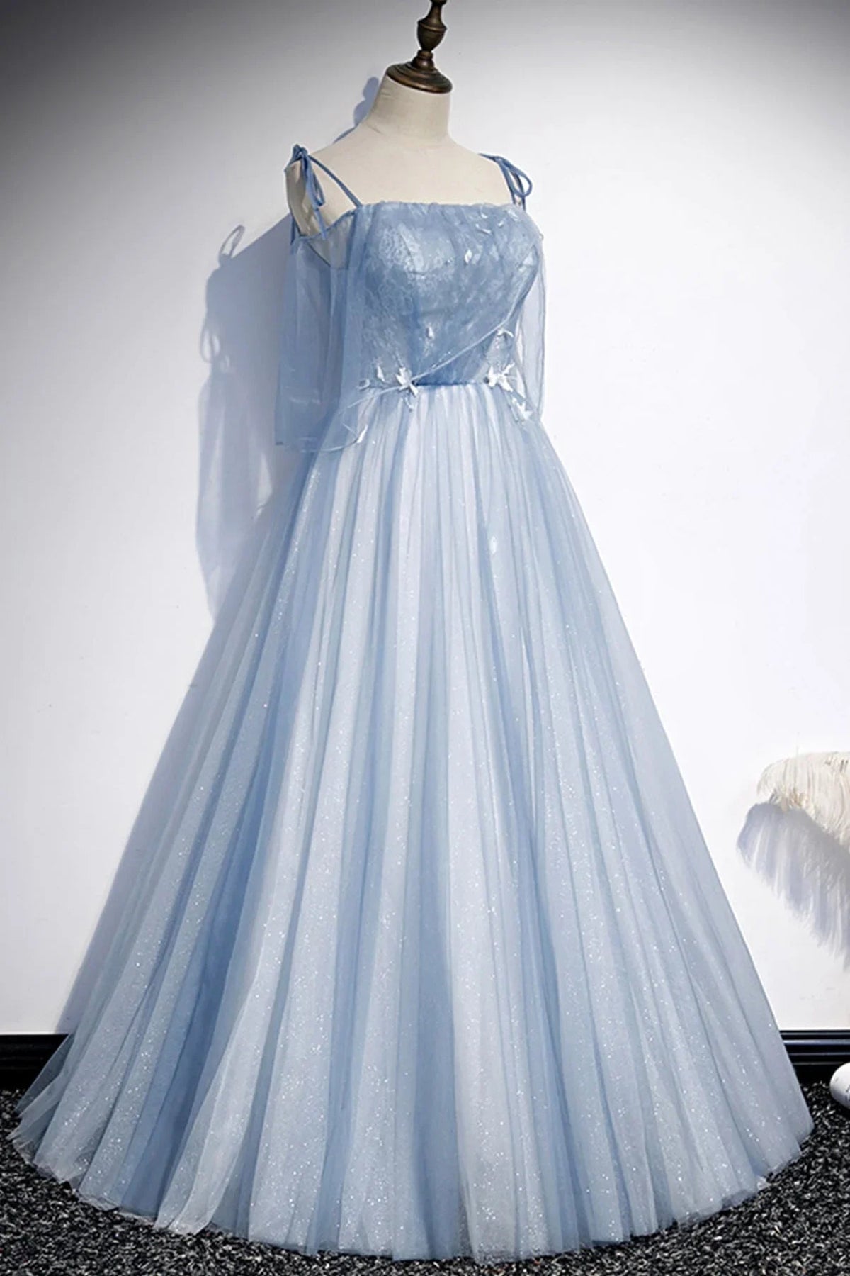 Blue tulle long A line prom dress evening dress s72