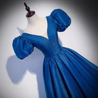 Blue saitn long prom dress A line evening gown s64