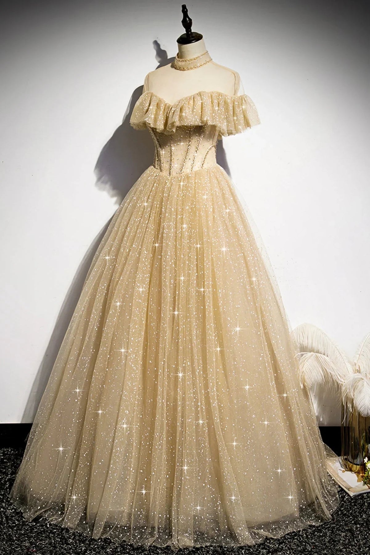 Vestido longo de baile formal com lantejoulas douradas em linha A s78