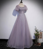 Vestido largo de fiesta de tul morado con cuentas, vestido de noche línea A s59
