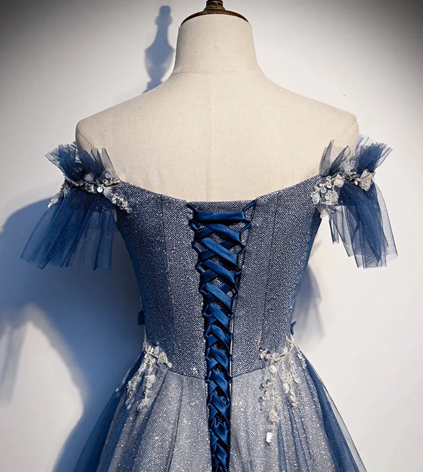 Vestido largo de fiesta azul con lentejuelas brillantes de tul vestido de noche s102
