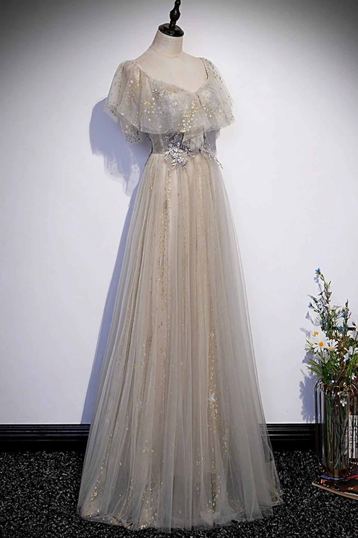 Cute tulle sequins long prom dress evening dress s60