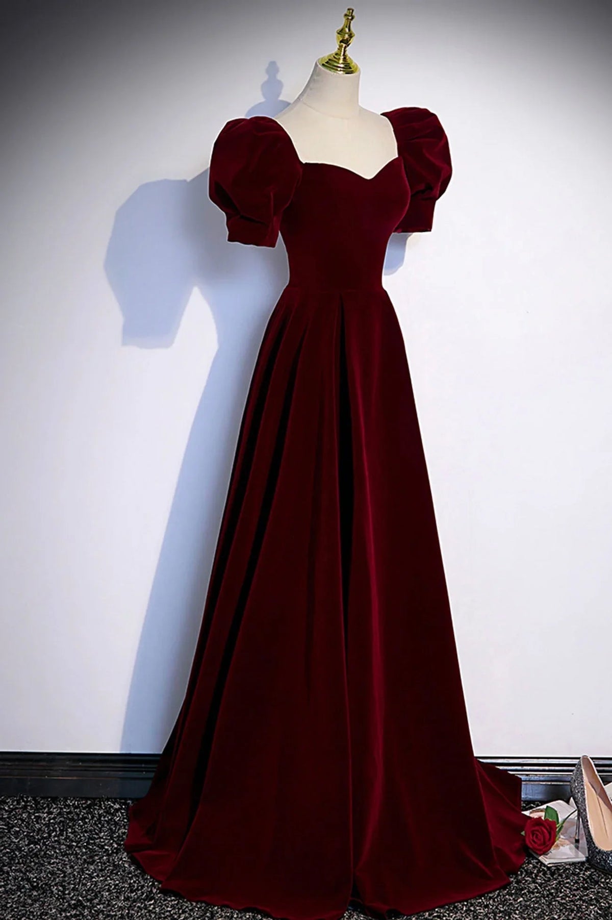 Burgundy velvet long prom dress evening dress s88