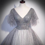 Graues Tüllkleid mit Pailletten, lang, Ballkleid in A-Linie, Abendkleid s65