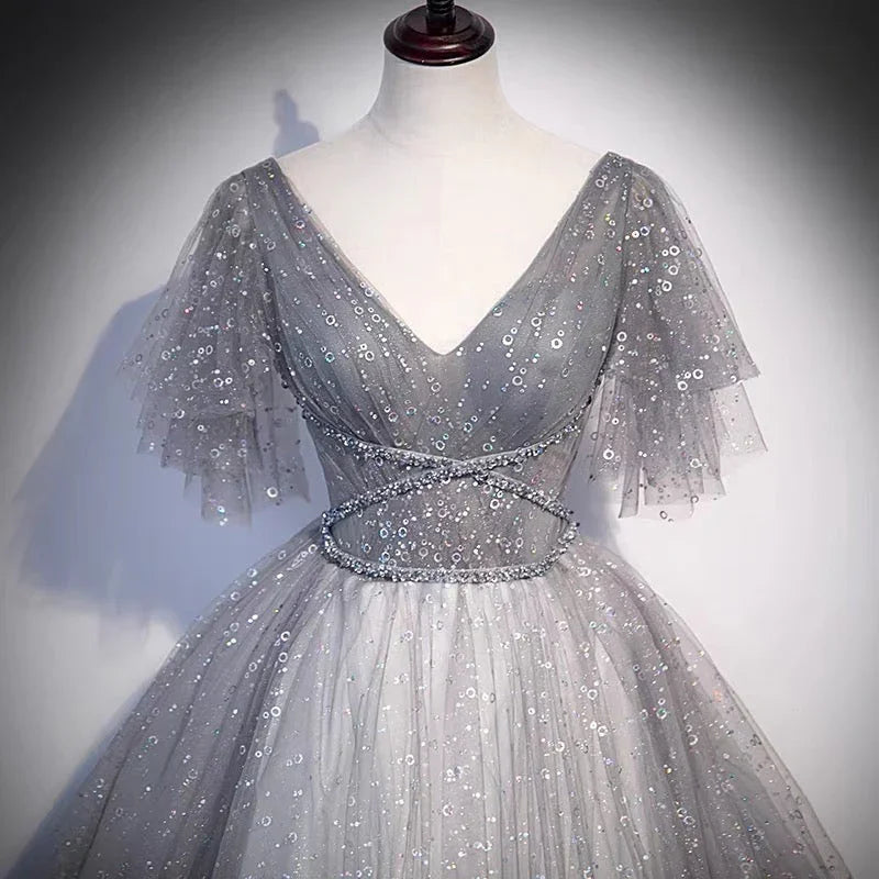 Graues Tüllkleid mit Pailletten, lang, Ballkleid in A-Linie, Abendkleid s65