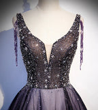 Robe longue de bal violette en tulle à col en V avec perles robe de soirée s104