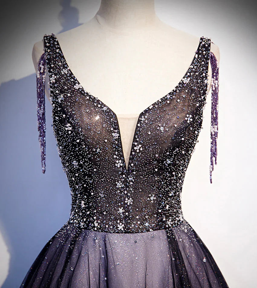 Robe longue de bal violette en tulle à col en V avec perles robe de soirée s104