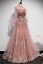 Pink tulle sequins long prom dress pink evening dress s109