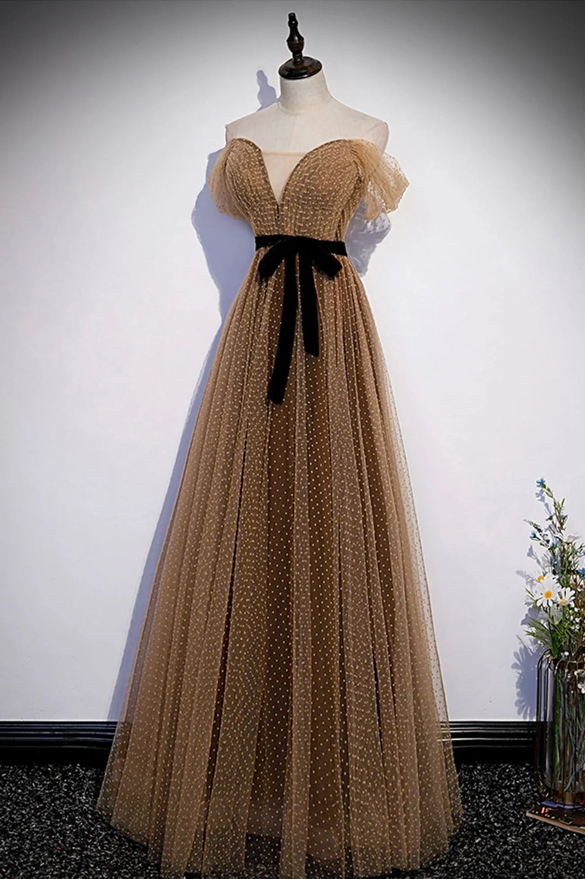 Cute tulle long prom dress A line evening dress s62