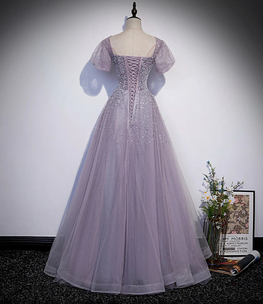 Vestido largo de fiesta de tul morado con cuentas, vestido de noche línea A s59