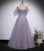 Vestido largo de fiesta de tul morado con cuentas, vestido de noche línea A s59