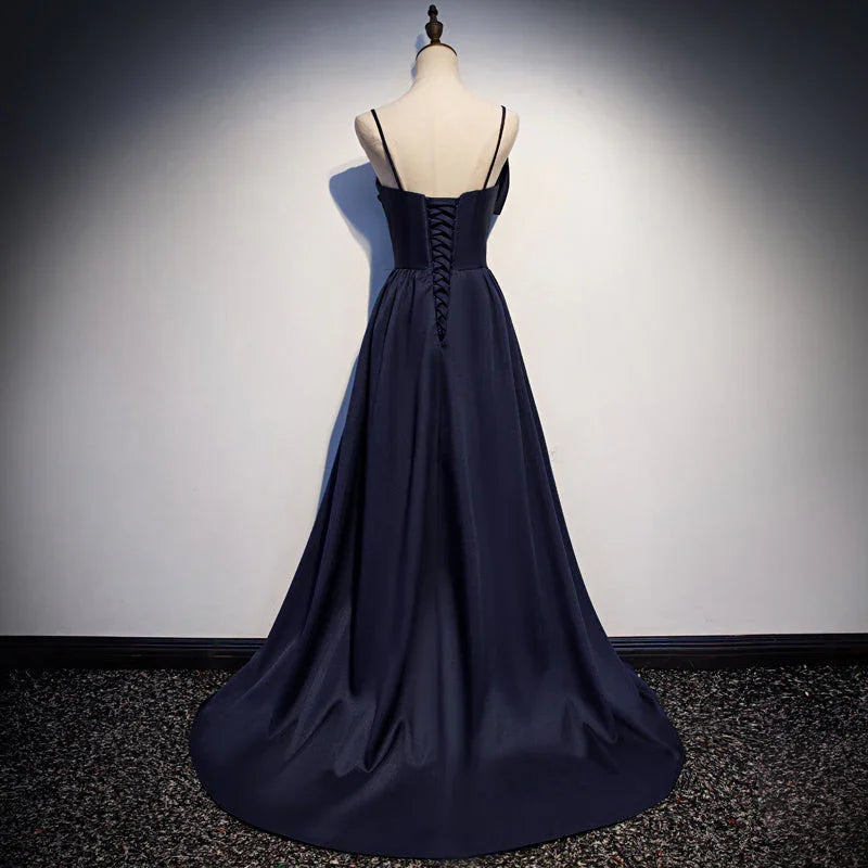 Dark blue satin long prom dress, simple evening dress s93