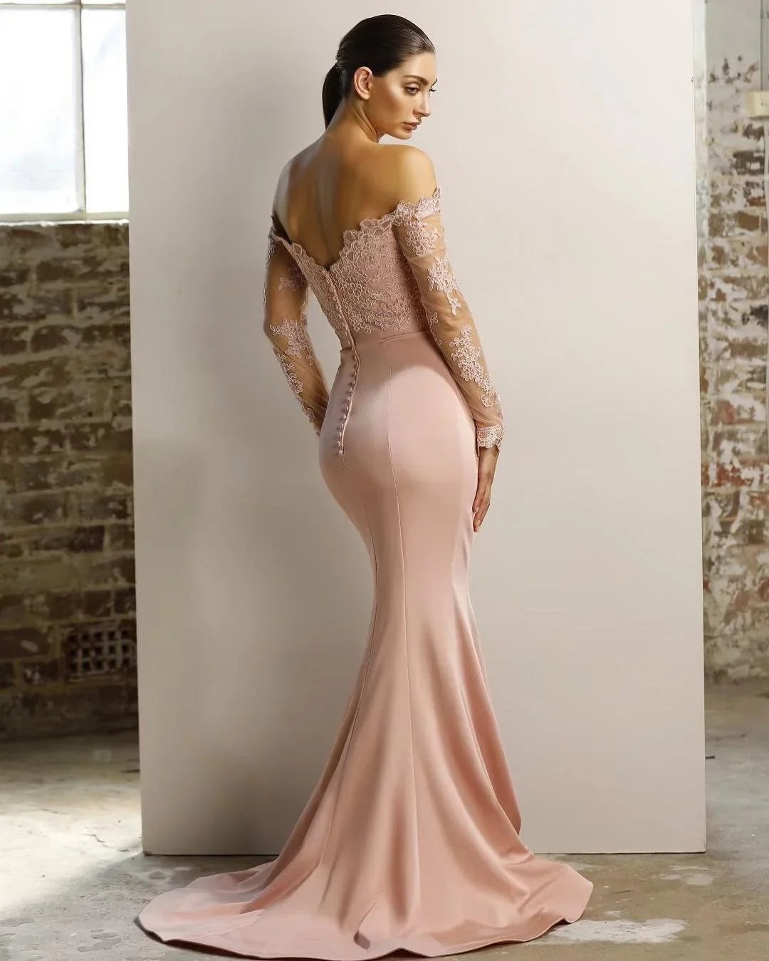 Vestido de fiesta con encaje y mangas largas, vestido de dama de honor con escote a los hombros