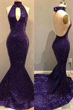 Robes de bal sexy à dos nu avec sequins violets | Robes de soirée sirène à découpe en forme de serrure Y1529