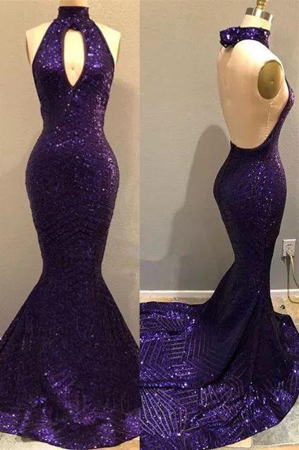 Robes de bal sexy à dos nu avec sequins violets | Robes de soirée sirène à découpe en forme de serrure Y1529