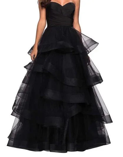 Liebreizendes schwarzes Kleid mit Rüschen, lang, für Abschlussball und Abendveranstaltung Y1624
