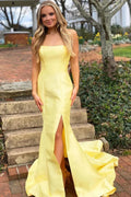 Robes longues de bal simples en satin jaune sirène, robes longues de bal formelles simples en satin jaune sirène Y1887