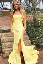 Robes longues de bal simples en satin jaune sirène, robes longues de bal formelles simples en satin jaune sirène Y1887