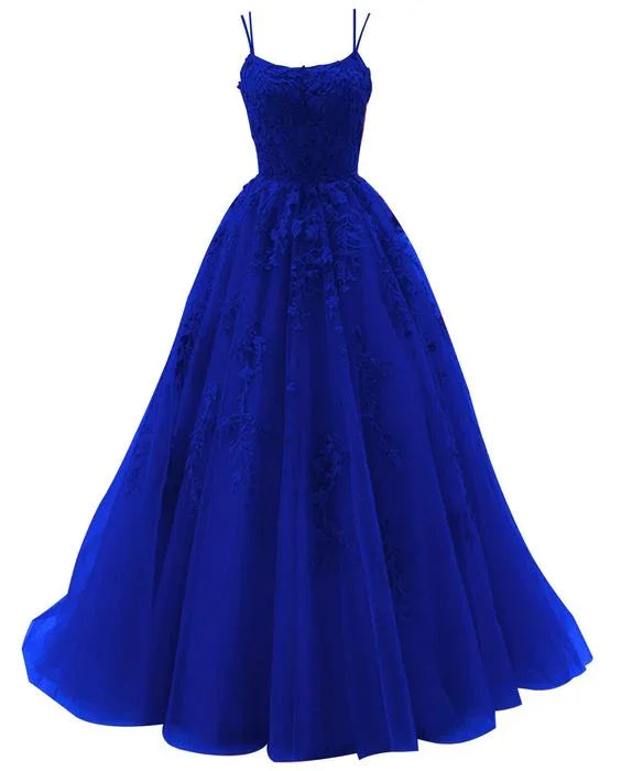 Vestido de baile azul real com alças finas, vestido de cerimónia longo com aplicações de renda, tule para casamento, vestido de princesa formal para noite Y1905