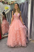 Robes longues de bal roses à col en V en dentelle, robes de soirée roses en ligne A Y1885