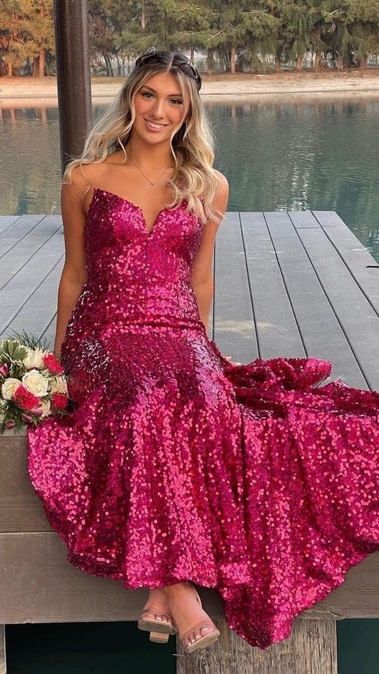 Robe de bal longue fuchsia sans bretelles ornée de paillettes, élégante robe de soirée sirène Y1876
