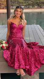 Robe de bal longue fuchsia sans bretelles ornée de paillettes, élégante robe de soirée sirène Y1876