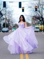 Rosa Spaghettiträger A-Linien-Abendkleid, mehrlagiges Abendkleid, funkelndes langes Ballkleid Y1303