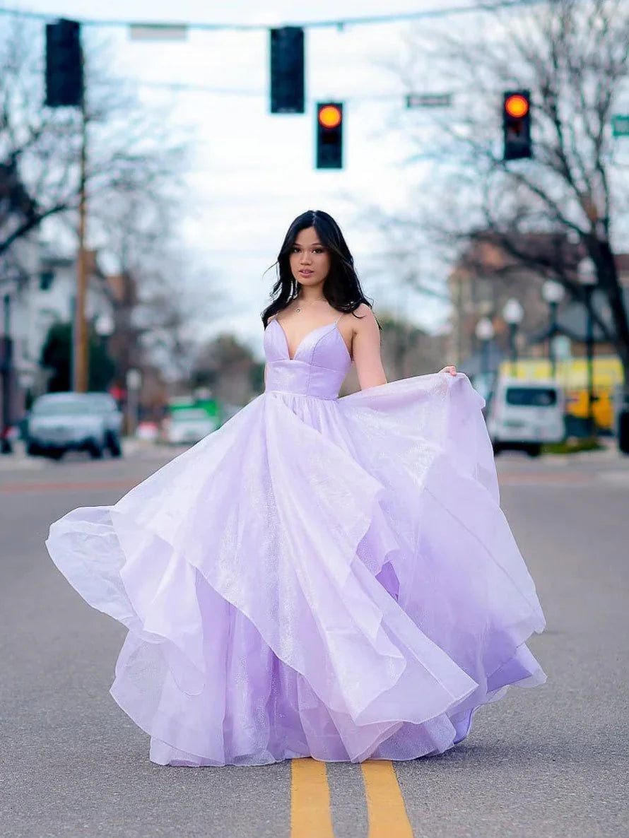 Rosa Spaghettiträger A-Linien-Abendkleid, mehrlagiges Abendkleid, funkelndes langes Ballkleid Y1303