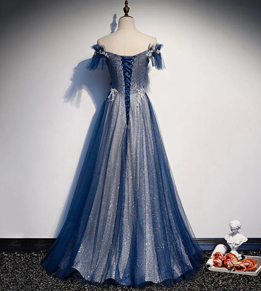 Vestido largo de fiesta azul con lentejuelas brillantes de tul vestido de noche s102