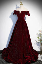 Burgundy velvet long prom dress A line evening dress s53